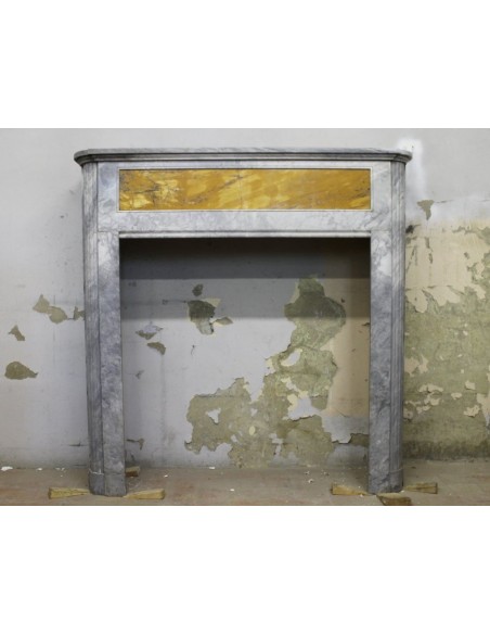 Antique Art Deco fireplace carved in Bardiglio marble with a Giallo Siena marble insert.