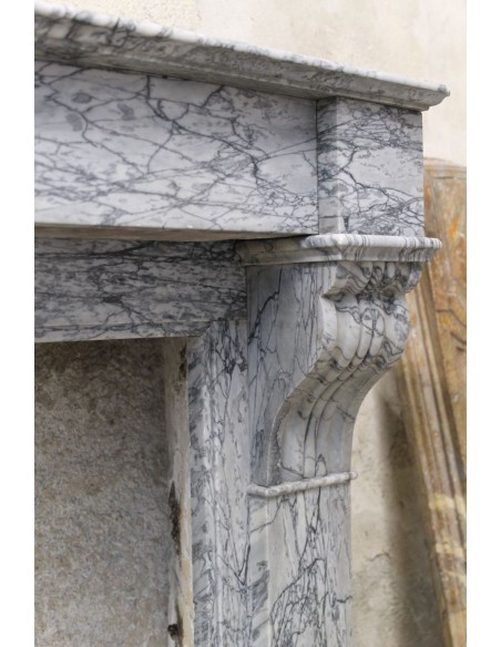 406 ANTIQUE LOUIS PHILIPPE "MODILLON" FIREPLACE CARVED IN GRAY FLORAL MARBLE