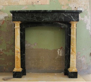 Antique Empire and Directoire-style fireplace mantel carved in green "Vert de mer" and yellow "Siena" marbles. One-of-a-kind.
