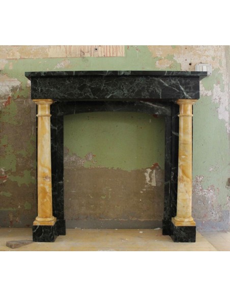 Antique Empire and Directoire-style fireplace mantel carved in green "Vert de mer" and yellow "Siena" marbles. One-of-a-kind.