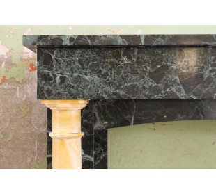 Antique Empire and Directoire-style fireplace mantel carved in green "Vert de mer" and yellow "Siena" marbles. One-of-a-kind. 2