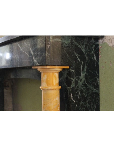 545 ANTIQUE EMPIRE/DIRECTOIRE-STYLE FIREPLACE MANTEL CARVED IN GREEN "VERT DE MER" AND YELLOW "SIENA" MARBLES