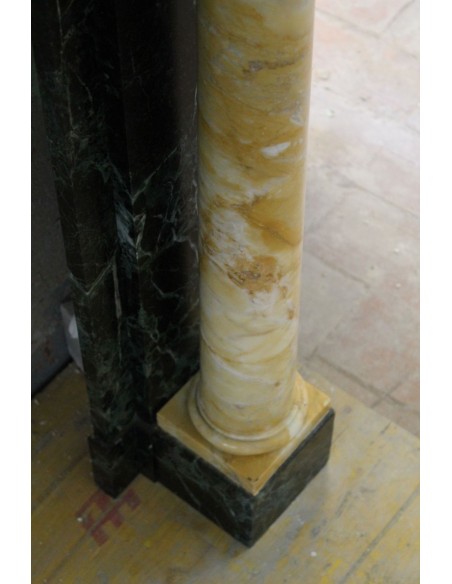 545 ANTIQUE EMPIRE/DIRECTOIRE-STYLE FIREPLACE MANTEL CARVED IN GREEN "VERT DE MER" AND YELLOW "SIENA" MARBLES