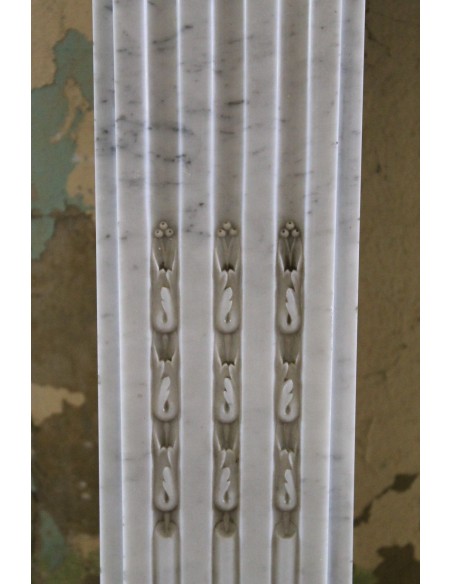 242 ANTIQUE NEOCLASSICAL "TROIS FLEURS" FIREPLACE MANTEL IN WHITE CARRARA MARBLE