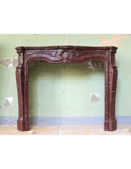 028 ANTIQUE ORIGINAL LOUIS XV "AMÉLIORÉ" MANTEL CARVED IN RED ROUGE GRIOTTE MARBLE
