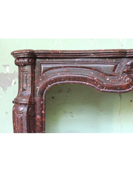 028 ANTIQUE ORIGINAL LOUIS XV "AMÉLIORÉ" MANTEL CARVED IN RED ROUGE GRIOTTE MARBLE