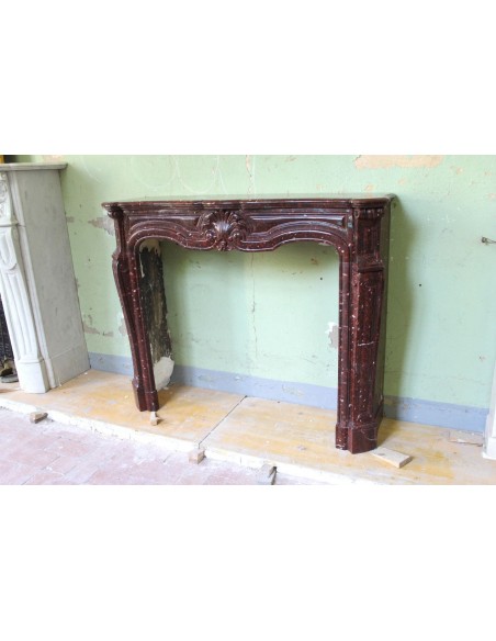028 ANTIQUE ORIGINAL LOUIS XV "AMÉLIORÉ" MANTEL CARVED IN RED ROUGE GRIOTTE MARBLE