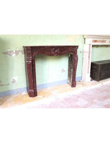 028 ANTIQUE ORIGINAL LOUIS XV "AMÉLIORÉ" MANTEL CARVED IN RED ROUGE GRIOTTE MARBLE