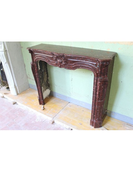 028 ANTIQUE ORIGINAL LOUIS XV "AMÉLIORÉ" MANTEL CARVED IN RED ROUGE GRIOTTE MARBLE