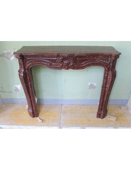 028 ANTIQUE ORIGINAL LOUIS XV "AMÉLIORÉ" MANTEL CARVED IN RED ROUGE GRIOTTE MARBLE