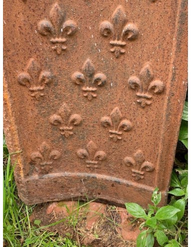 Antique cast iron insert featuring a geometric fleur-de-lis pattern and big dimensions, for marble fireplace mantels.