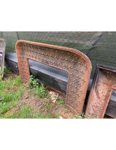 Antique cast iron insert featuring a geometric fleur-de-lis pattern and big dimensions, for marble fireplace mantels.
