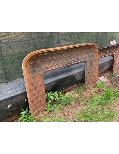 Antique cast iron insert featuring a geometric fleur-de-lis pattern and big dimensions, for marble fireplace mantels.