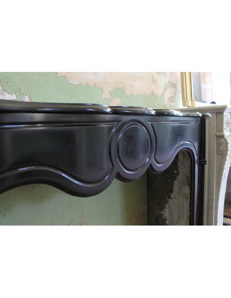 032 ANTIQUE LOUIS XV POMPADOUR "PLAT" FIREPLACE CARVED IN BLACK BELGIUM MARBLE