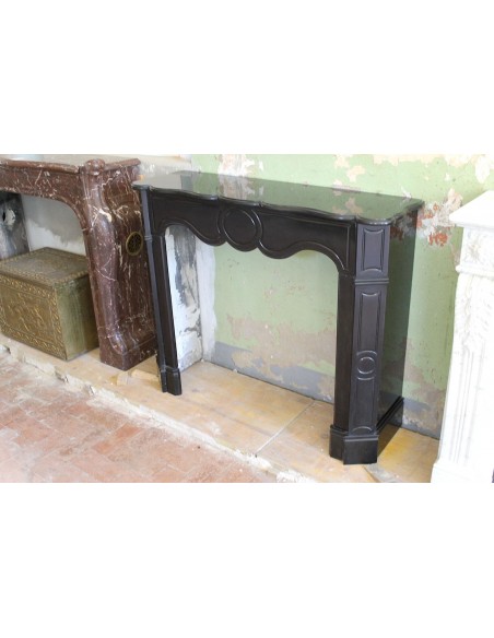 032 ANTIQUE LOUIS XV POMPADOUR "PLAT" FIREPLACE CARVED IN BLACK BELGIUM MARBLE