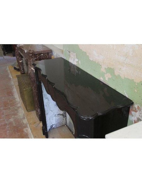 032 ANTIQUE LOUIS XV POMPADOUR "PLAT" FIREPLACE CARVED IN BLACK BELGIUM MARBLE