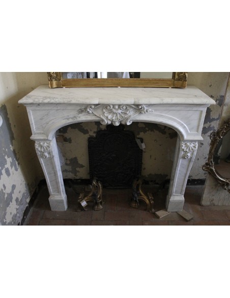302 VERY RARE LOUIS XIV FLORAL FIREPLACE MANTEL CARVED IN WHITE "VENATINO" CARRARA MARBLE
