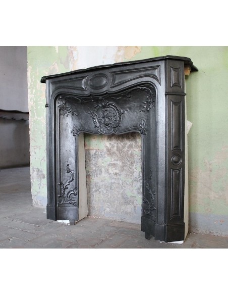 001GH ANTIQUE ART NOUVEAU CAST-IRON "LARCHER GRENADE" FIREPLACE MANTEL