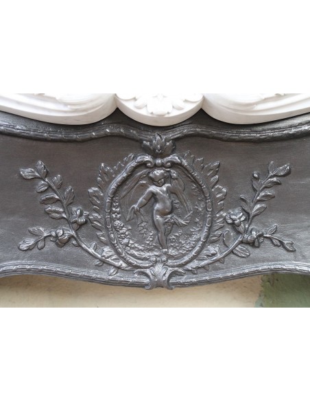 027 AG ANTIQUE LOUIS XV "ROSACES" FIREPLACE MANTEL CARVED IN WHITE CARRARA MARBLE WITH ITS OWN ORIGINAL FLORAL CAST IRON INSERT