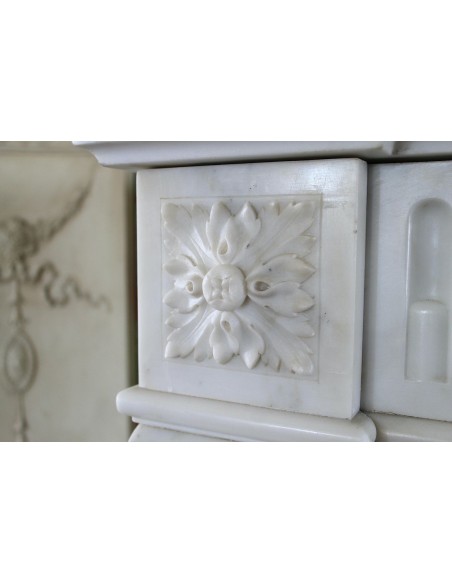 227 ANTIQUE NEOCLASSICAL "DEUX FLEURS GALBÉ" FIREPLACE MANTEL IN PURE WHITE STATUARY MARBLE