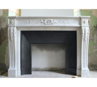 Antique Louis XVI fireplace mantel carved in white Carrara marble with its own cast iron insert
