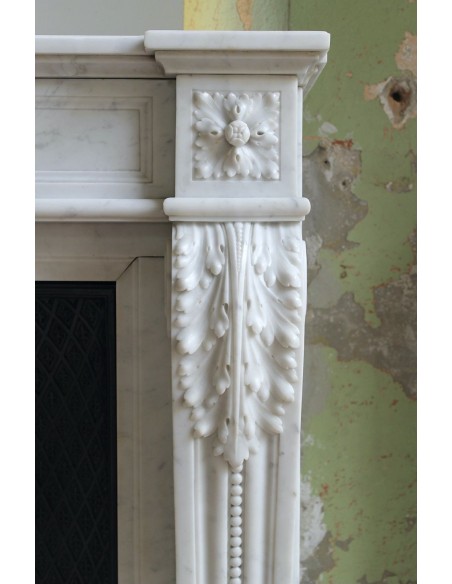 205 AG IMPORTANT LOUIS XVI "RAMO D'ULIVO" FIREPLACE MANTEL IN WHITE CARRARA MARBLE WITH ITS DECORATED CAST IRON INSERT