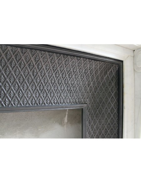 205 AG IMPORTANT LOUIS XVI "RAMO D'ULIVO" FIREPLACE MANTEL IN WHITE CARRARA MARBLE WITH ITS DECORATED CAST IRON INSERT