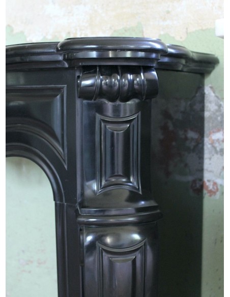 016 AG SMALL ANTIQUE LOUIS XV "PIED GALBÉ" FIREPLACE MANTEL CARVED IN BLACK BELGIAN MARBLE