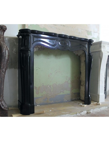 016 AG SMALL ANTIQUE LOUIS XV "PIED GALBÉ" FIREPLACE MANTEL CARVED IN BLACK BELGIAN MARBLE