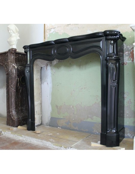 016 AG SMALL ANTIQUE LOUIS XV "PIED GALBÉ" FIREPLACE MANTEL CARVED IN BLACK BELGIAN MARBLE