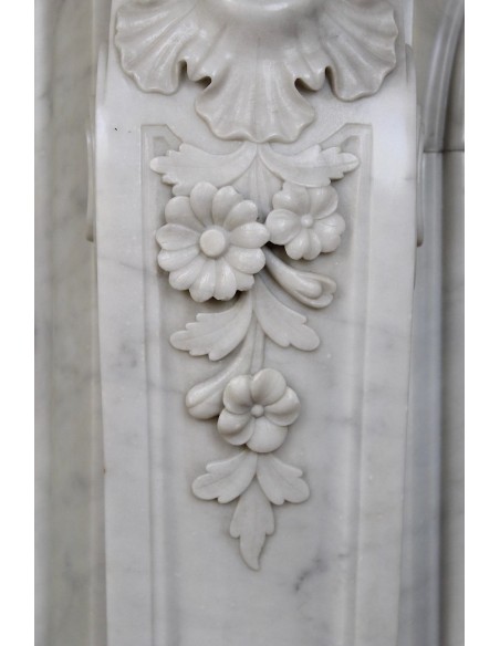 021 AG ANTIQUE LOUIS XV "DAUPHIN" MANTEL CARVED IN WHITE CARRARA MARBLE WITH ITS OWN ORIGINAL CAST IRON INSERT