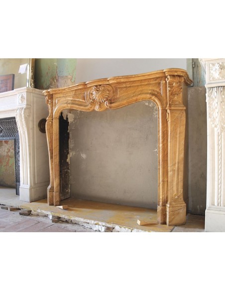 033 ANTIQUE AUTHENTIC LOUIS XV "TROS COQUILLES AMÉLIORÉ" MANTEL CARVED IN YELLOW GIALLO SIENA MARBLE