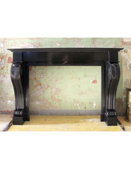 Antique important Empire-style "Retour d'Egypte" fireplace mantel carved in black Belgium marble.