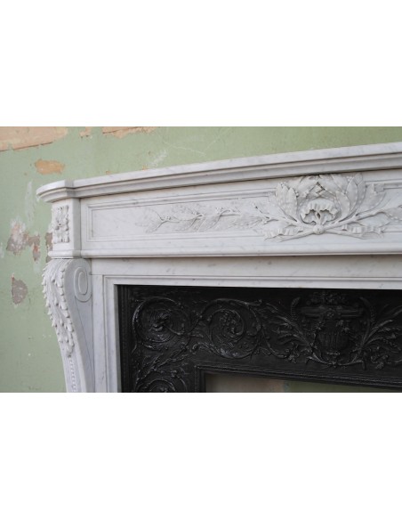 234 AG AMAZING LOUIS XVI "RAMEAU D'OLIVIER ARRONDI" FIREPLACE MANTEL IN WHITE CARRARA MARBLE
