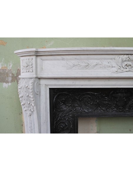 234 AG AMAZING LOUIS XVI "RAMEAU D'OLIVIER ARRONDI" FIREPLACE MANTEL IN WHITE CARRARA MARBLE