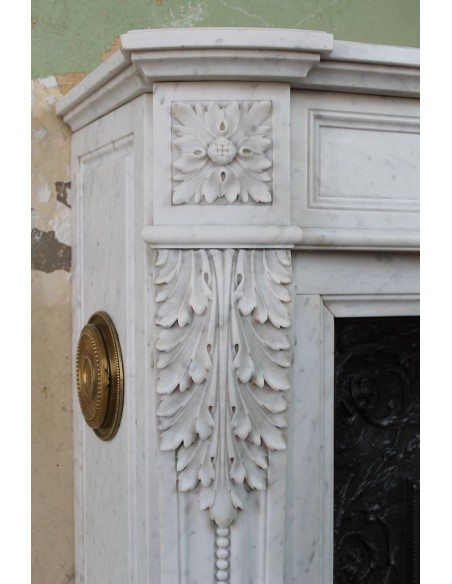 234 AG AMAZING LOUIS XVI "RAMEAU D'OLIVIER ARRONDI" FIREPLACE MANTEL IN WHITE CARRARA MARBLE