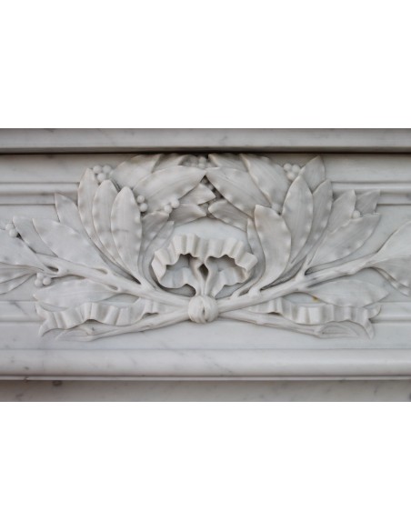 234 AG AMAZING LOUIS XVI "RAMEAU D'OLIVIER ARRONDI" FIREPLACE MANTEL IN WHITE CARRARA MARBLE