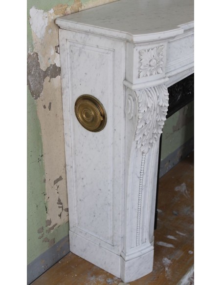 234 AG AMAZING LOUIS XVI "RAMEAU D'OLIVIER ARRONDI" FIREPLACE MANTEL IN WHITE CARRARA MARBLE