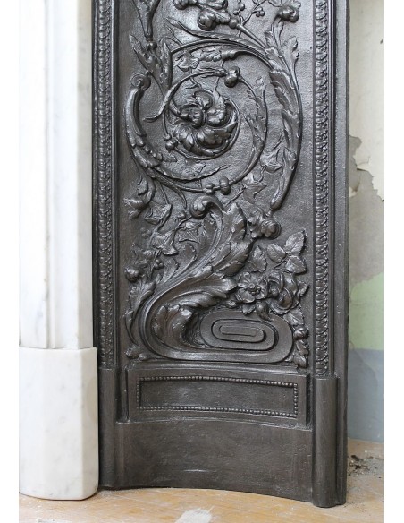 234 AG AMAZING LOUIS XVI "RAMEAU D'OLIVIER ARRONDI" FIREPLACE MANTEL IN WHITE CARRARA MARBLE