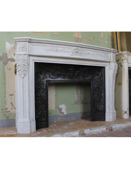 234 AG AMAZING LOUIS XVI "RAMEAU D'OLIVIER ARRONDI" FIREPLACE MANTEL IN WHITE CARRARA MARBLE