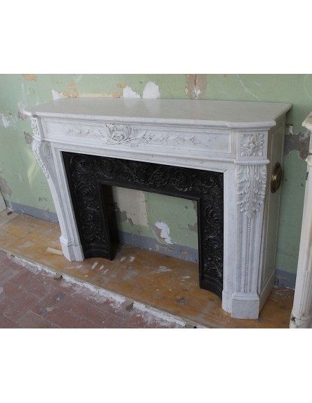 234 AG AMAZING LOUIS XVI "RAMEAU D'OLIVIER ARRONDI" FIREPLACE MANTEL IN WHITE CARRARA MARBLE