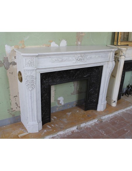 234 AG AMAZING LOUIS XVI "RAMEAU D'OLIVIER ARRONDI" FIREPLACE MANTEL IN WHITE CARRARA MARBLE