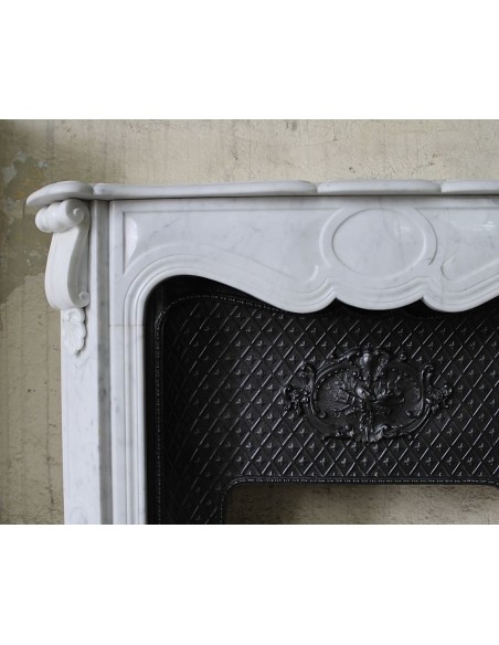 003 ANTIQUE LOUIS XV BIJOU FIREPLACE MANTEL CARVED IN WHITE "PURE" CARRARA MARBLE