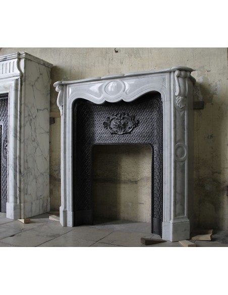 003 ANTIQUE LOUIS XV BIJOU FIREPLACE MANTEL CARVED IN WHITE "PURE" CARRARA MARBLE