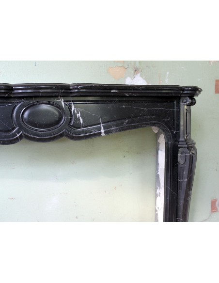 029 ANTIQUE POMPADOUR "PIED GALBÉ" FIREPLACE MANTEL IN BLACK MARQUINIA MARBLE