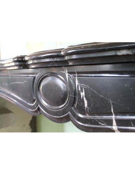 029 ANTIQUE POMPADOUR "PIED GALBÉ" FIREPLACE MANTEL IN BLACK MARQUINIA MARBLE