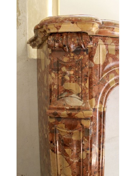 056 VERY TINY ANTIQUE LOUIS XV "POMPADOUR PIED GALBÉ" FIREPLACE MANTEL CARVED IN VERY RARE "BRECCIA DI ALEPPO” MARBLE