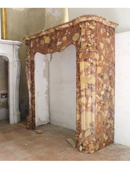056 VERY TINY ANTIQUE LOUIS XV "POMPADOUR PIED GALBÉ" FIREPLACE MANTEL CARVED IN VERY RARE "BRECCIA DI ALEPPO” MARBLE