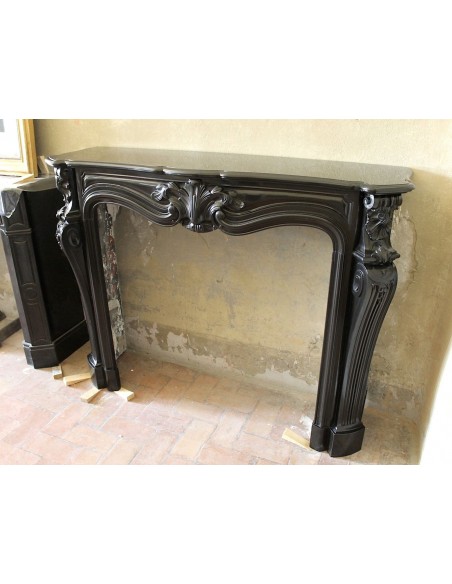 049 AG VERY RARE LOUIS XV "MOUSTACHES" FIREPLACE SURROUND IN BLACK BELGIUM MARBLE