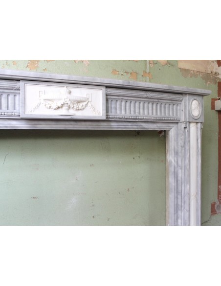 241 AG ANTIQUE ELEGANT NEOCLASSICAL FIREPLACE MANTEL IN BLUE BARDIGLIO AND WHITE STATUARY MARBLE